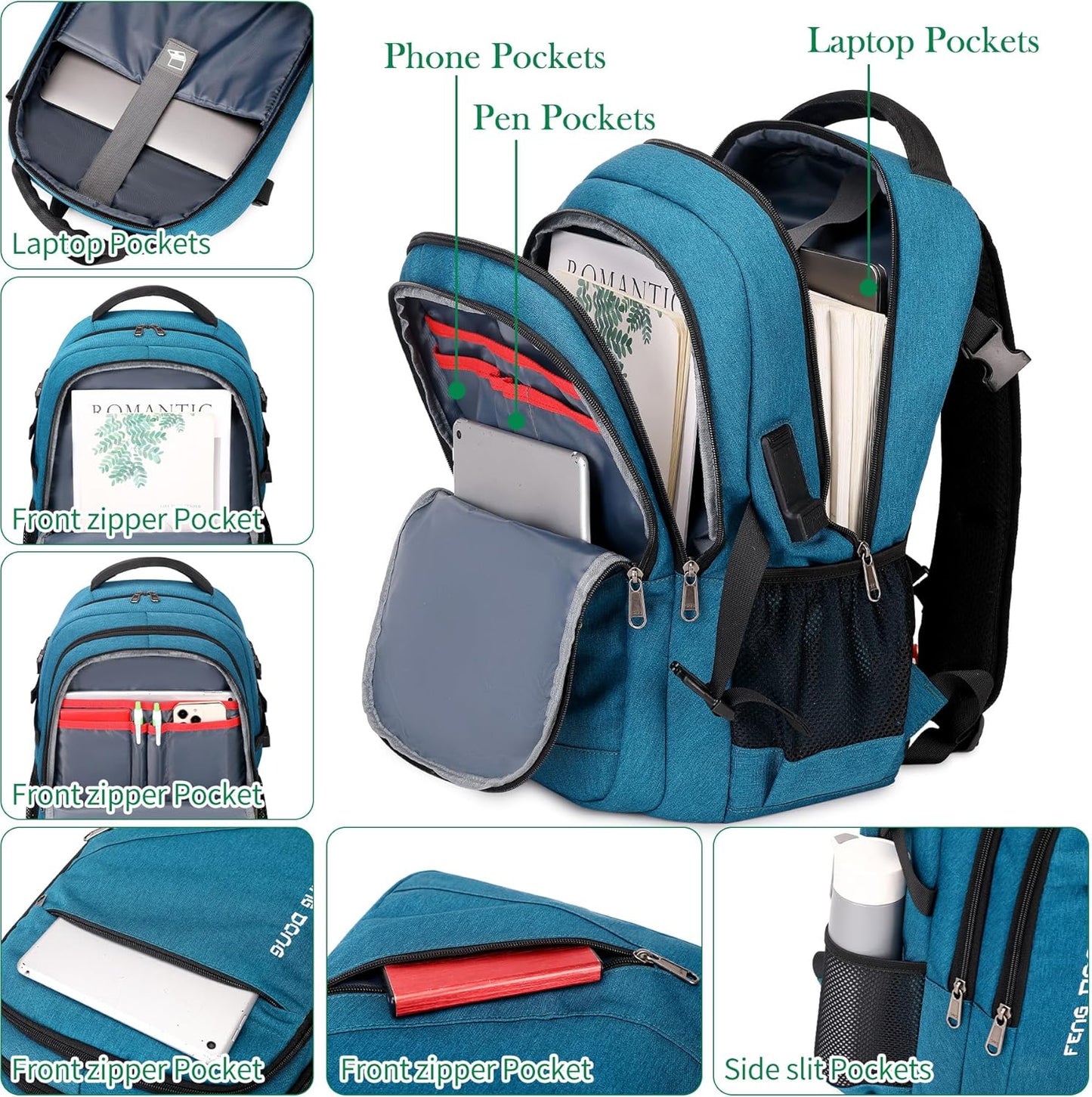FENGDONG 17.3 inch Large Laptop Backpack Durable Waterproof Travel College Backpack Bookbag for Men & Women Business Backpack with USB Charging Port and Headset Port Light Teal