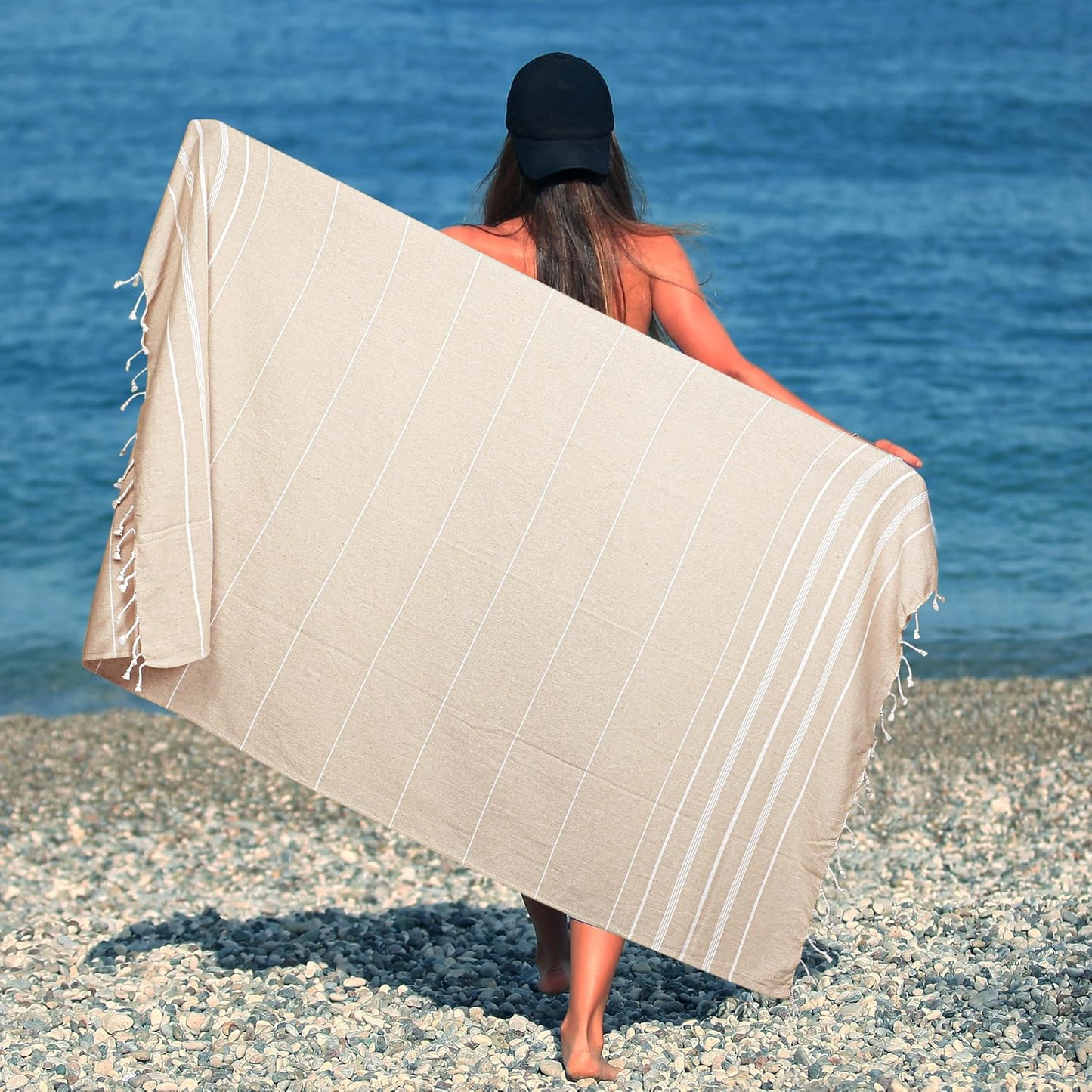 HILLFAIR Cotton Turkish Beach Towels, Quick Dry Lightweight Sand Free Peshtemal Towel for Bath Swim Yoga Spa Travel, Beach Accessories, Oversized Cotton Turkish Towels (39 x 72 inch- 4 Pack Beige)