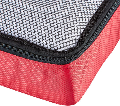 Amazon Basics Slim Packing Cubes for Travel, Packing Organizers, 4-Piece-Set With Double Zipper Pulls and Mesh Top Panel, 100% Durable Polyester, Red, 14"L x 5"W x 3"H