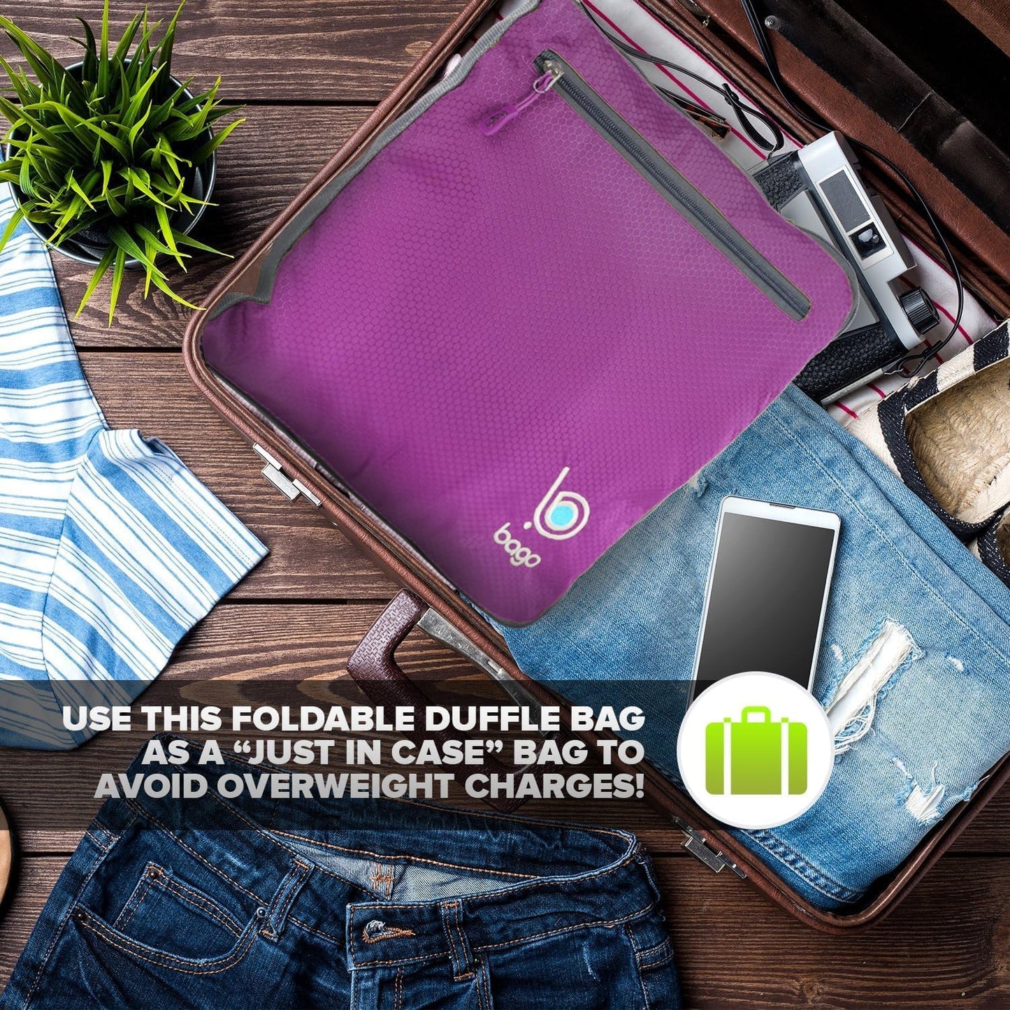 Bago Large Foldable Duffel Bags for Traveling Women & Men - 80L Packable Duffle Bag for Travel with Shoe Compartment - Water Repellant, Heavy Duty, Lightweight Folding & Collapsible (Purple)