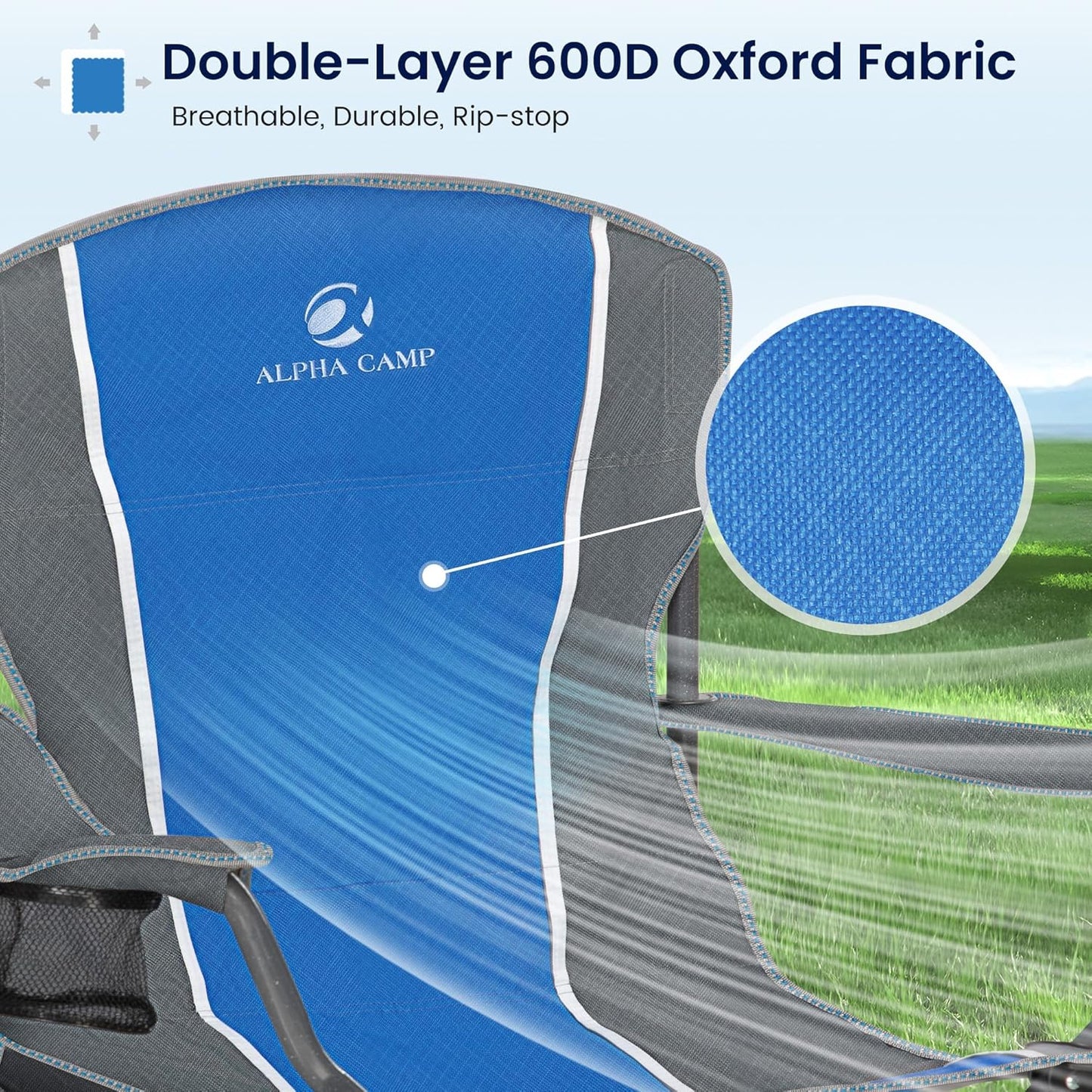 ALPHA CAMP Oversized Camping Folding Chair - Heavy Duty Steel Frame Support 350 LBS, Collapsible Padded Arm With Cup Holder, Quad Lumbar Back, Portable for Outdoor/Indoor