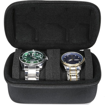Hard single watch travel case, men's sports watch organizer box with flexible watch pillow (Black, 1 slot red lining)