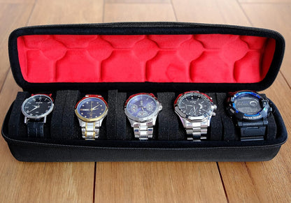 Hard 5 Slots Watch travel case with Soft Separation pillow, fit men's women's casual/sports/diving/dress/automatic watches up to 60mm sized face, with luxury red lining(case only)