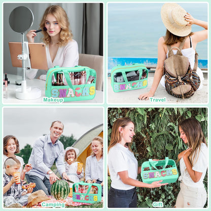 Snack Bag for Travel - Chenille Letter Clear Makeup Bag, Large Preppy Patch Snack Cosmetic Bag with Handle and Zipper, Cute Makeup Pouch Nylon&PVC Waterproof Toiletry Organizer Storage for Women Girls