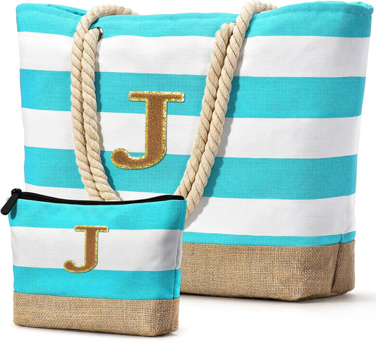 Becokan Beach Bag Initial Beach Tote with Makeup Bag for Travel Work Storage Personalized Birthday Gifts for Women Her