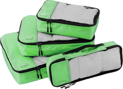 Amazon Basics Packing Cubes for Travel, Packing Organizers Set, 4-Piece-Set (Slim, Small, Medium, Large) With Double Zipper Pulls and Mesh Top Panel, 100% Durable Polyester, Green