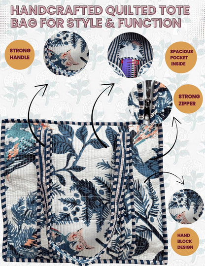 Cotton Quilted Tote Bag for Women – Large Beach & Travel Tote with Zipper, Reusable Grocery Bag