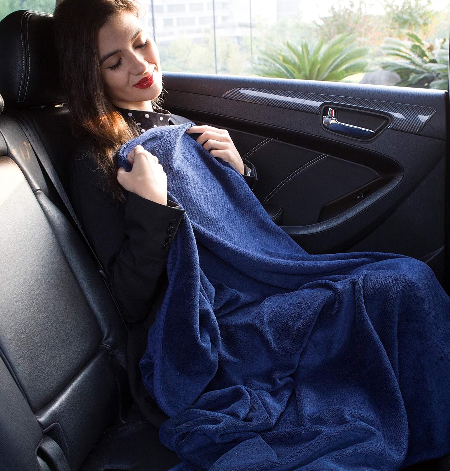 BlueHills Premium Soft 2-Pack Travel Blanket Pillows Airplane Large Plane Flight Throw Blankets for Two in Bag Compact Traveling Essentials Set Packable Warm Gifts Navy Blue T011