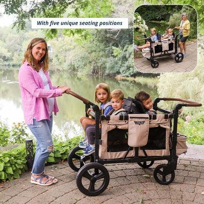 Keenz VYOO Stroller Wagon with Canopy - Foldable Design for Easy Storage, 5 Seating Positions for Kids, Enhanced Child Safety, All-Terrain Mobility, 4-Passangers, Mocha