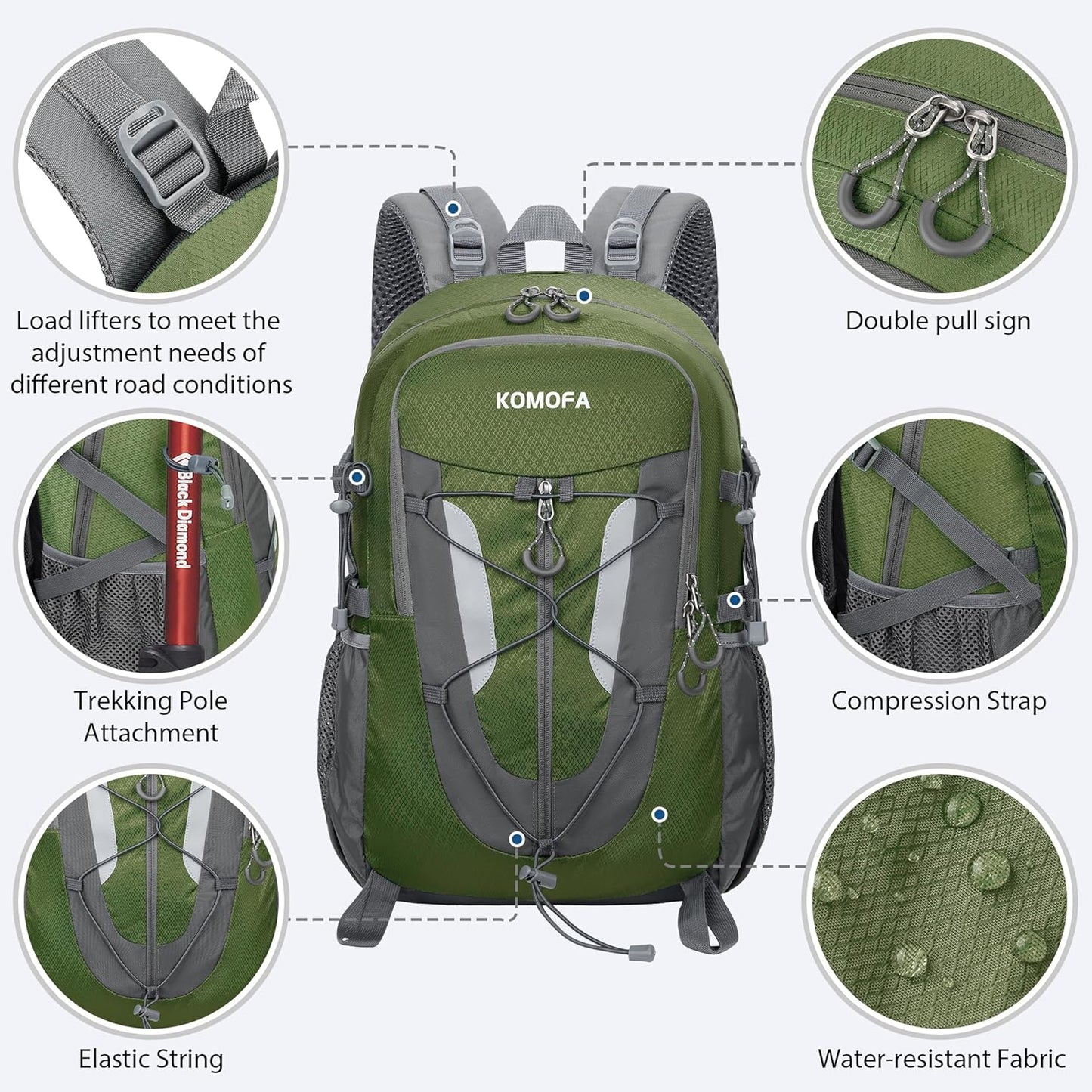 Hiking Backpack 30L Lightweight Travel Daypack Small Day Pack for Men Women Outdoor Camping Backpacking, Army Green