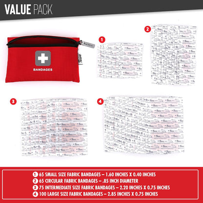 Thrive Bulk Bandages Variety Pack - 305 Count, Red - Travel Fabric & Waterproof Adhesive Bandages & Band Aids with Zipper Pouch