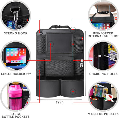 Helteko Backseat Car Organizer, Kick Mats Back Seat Protector with Touch Screen Tablet Holder, Back Seat Organizer for Kids with 9 Storage Pockets, Travel Accessories (2 Pack, Beige)