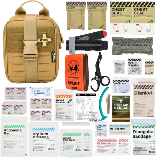 RHINO RESCUE IFAK Trauma Kit with C-A-T Tourniquet, Tactical First Aid Kit Molle Pouch for Military, Combat, Car, Camping, Hiking, Travel (Coyote Brown)