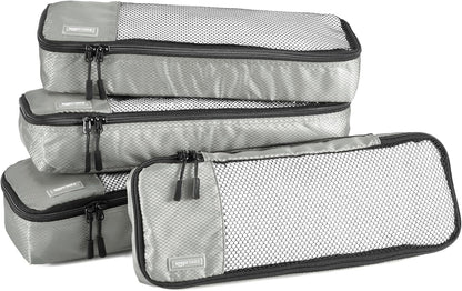 Amazon Basics Slim Packing Cubes for Travel, Packing Organizers, 4-Piece-Set With Double Zipper Pulls and Mesh Top Panel, 100% Durable Polyester, Gray, 14"L x 5"W x 3"H