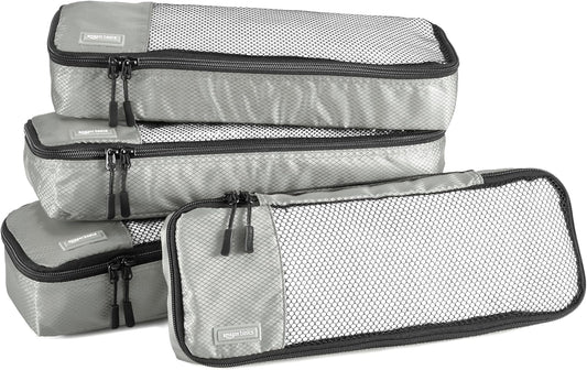 Amazon Basics Slim Packing Cubes for Travel, Packing Organizers, 4-Piece-Set With Double Zipper Pulls and Mesh Top Panel, 100% Durable Polyester, Gray, 14"L x 5"W x 3"H
