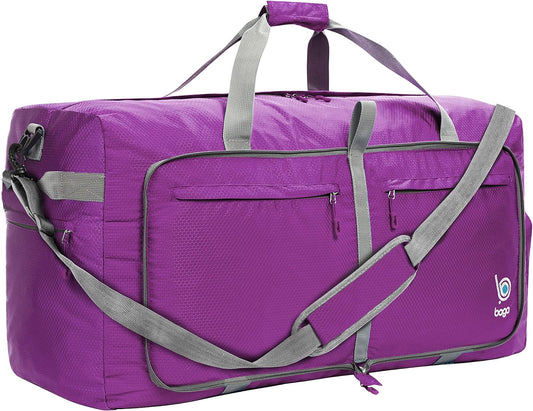 Bago Large Foldable Duffel Bags for Traveling Women & Men - 100L Packable Duffle Bag for Travel with Shoe Compartment - Water Repellant, Heavy Duty, Lightweight Folding & Collapsible (Purple)
