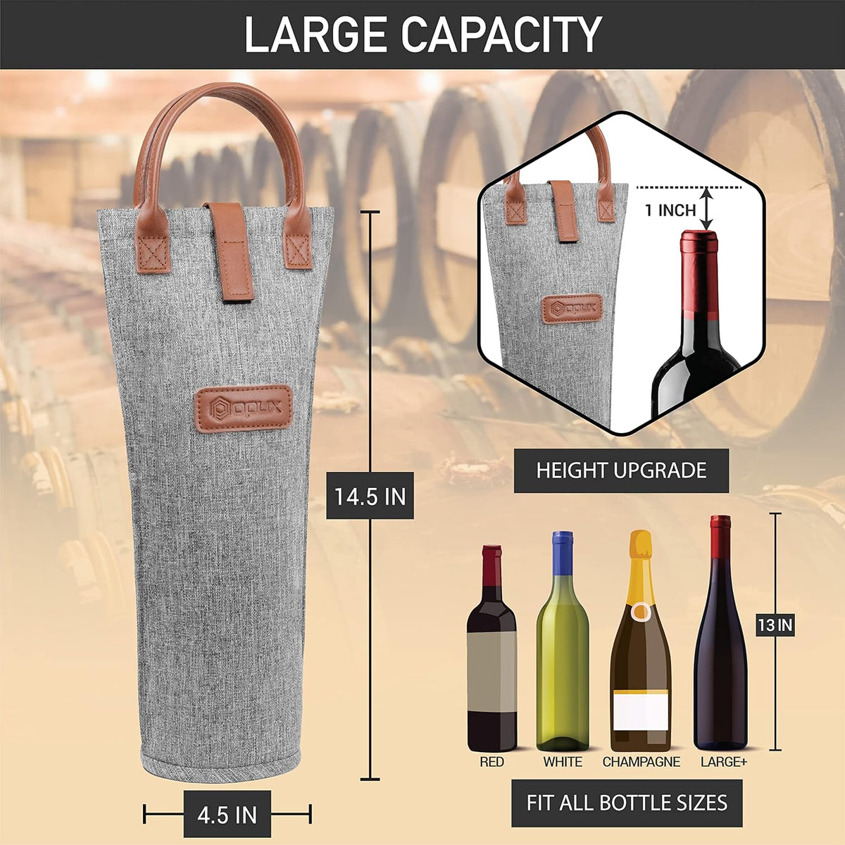 opux Wine Bag Single Bottle Carrier Tote, Insulated Travel Wine Cooler Bag for Picnic Beach Gift, Thermal Padded Portable One Bottle Holder Carrying Case for Women Men Wine Lovers, Heather Gray