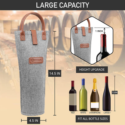 opux Wine Bag Single Bottle Carrier Tote, Insulated Travel Wine Cooler Bag for Picnic Beach Gift, Thermal Padded Portable One Bottle Holder Carrying Case for Women Men Wine Lovers, Heather Gray