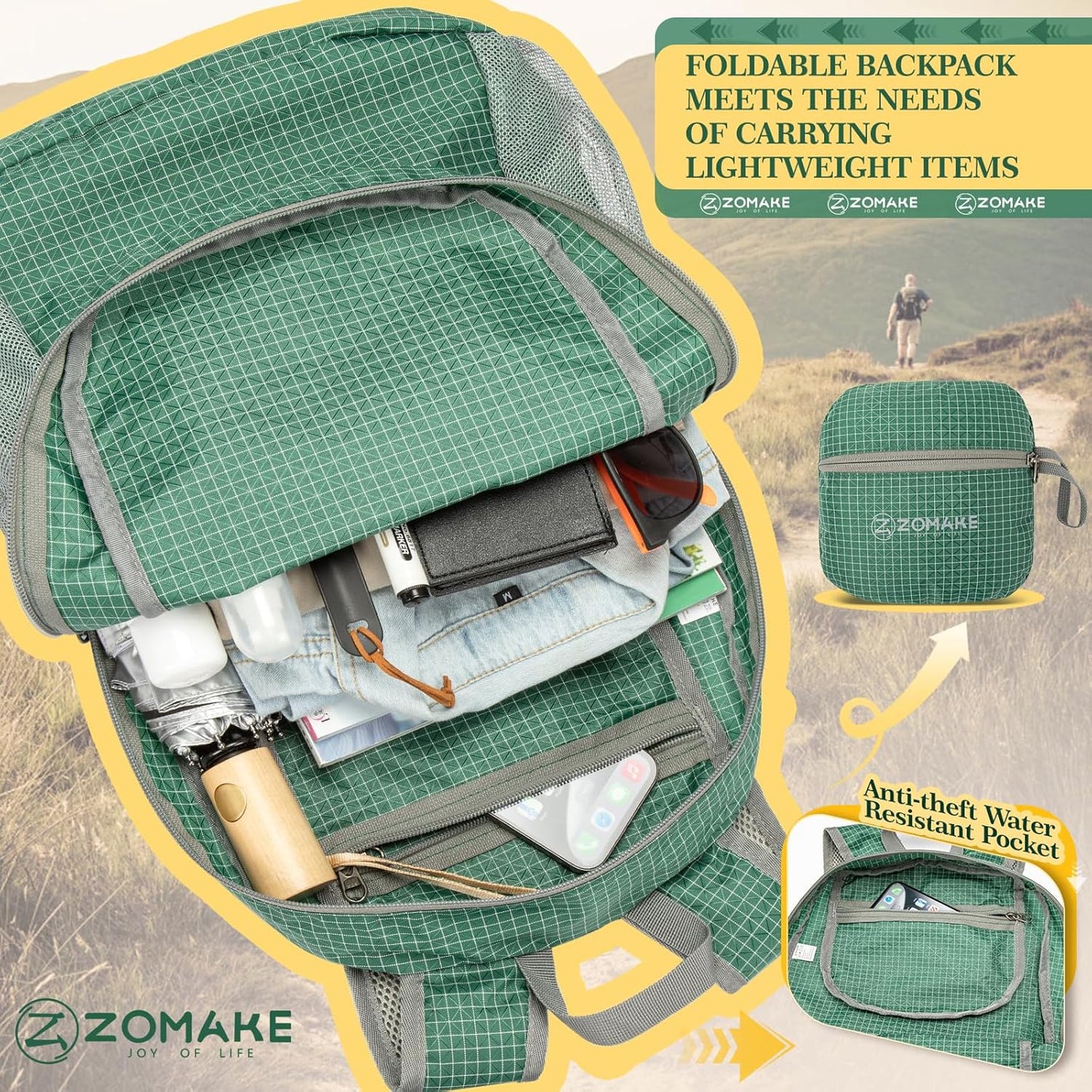 ZOMAKE Ultra Lightweight Hiking Backpack 20L - Packable Small Backpacks Water Resistant Daypack for Women Men(Forest Green Plaid)
