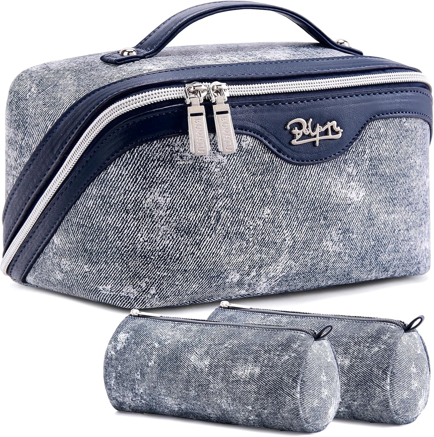 Travel Makeup Bag Cosmetic Bags for Women: 3 Sets Large Capacity Make up Bag - Portable Toiletry Bags with Handle for Women(05-Dark Blue)