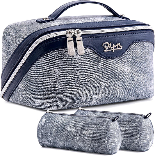 Travel Makeup Bag Cosmetic Bags for Women: 3 Sets Large Capacity Make up Bag - Portable Toiletry Bags with Handle for Women(05-Dark Blue)