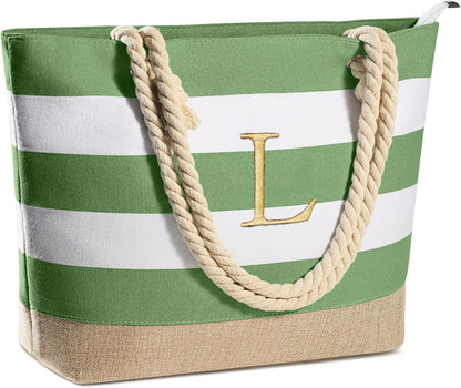 YOOLIFE Initial Canvas Waterproof Beach Tote Bag Zipper Personalized Gifts for Women Her Birthday Travel Beach Essential