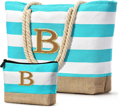 Becokan Beach Bag Initial Beach Tote with Makeup Bag for Travel Work Storage Personalized Birthday Gifts for Women Her