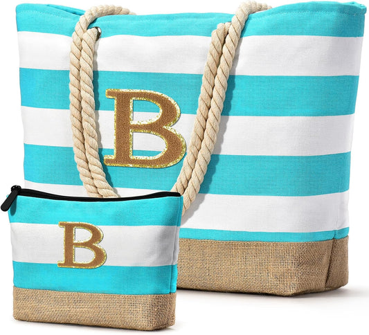 Becokan Beach Bag Initial Beach Tote with Makeup Bag for Travel Work Storage Personalized Birthday Gifts for Women Her