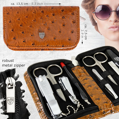 3 Swords Germany – brand quality 8 piece manicure pedicure grooming kit set for professional nail care with synthetic leather case ostrich cognac - Made in Germany