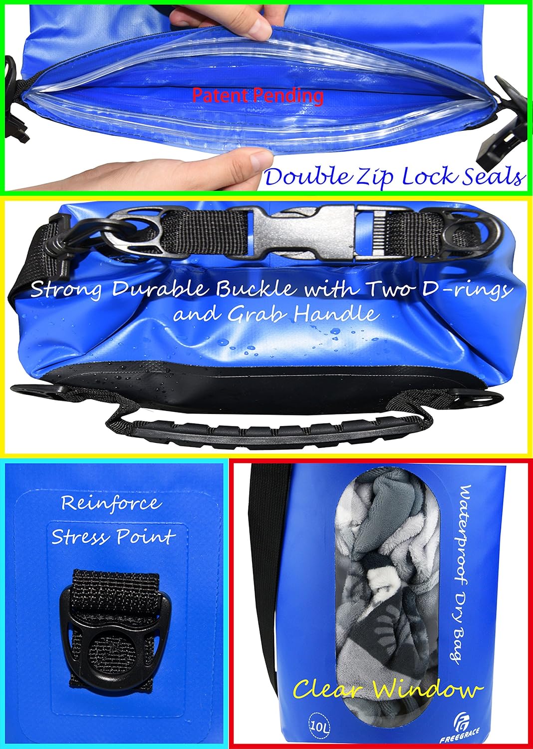 Freegrace Waterproof Dry Bags Set of 3 Dry Bag with 2 Zip Lock Seals & Detachable Shoulder Strap, Waist Pouch & Phone Case - Can Be Submerged Into Water - for Swimming (Navy Blue, 10L)