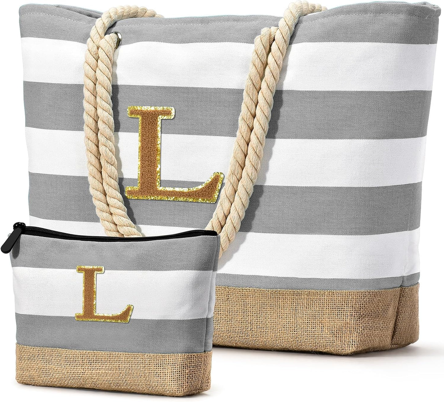 Becokan Beach Bag Initial Beach Tote with Makeup Bag for Travel Work Storage Personalized Birthday Gifts for Women Her