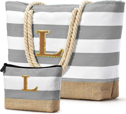 Becokan Beach Bag Initial Beach Tote with Makeup Bag for Travel Work Storage Personalized Birthday Gifts for Women Her