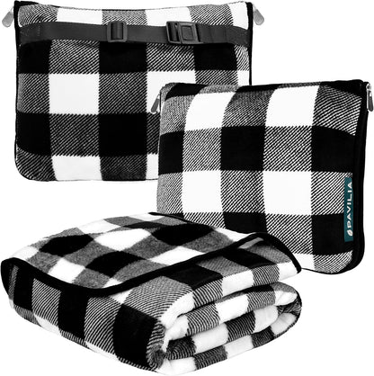PAVILIA Travel Blanket Pillow, Soft Airplane Blanket 2-in-1 Combo Set, Plane Blanket Compact Packable, Flight Essentials Car Pillow, Travelers Gifts Accessories, Backpack Strap, 60x43 Checker White