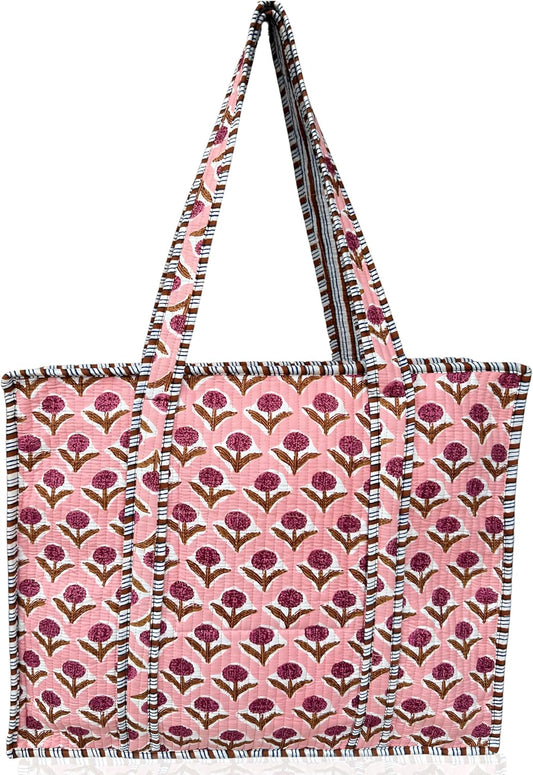 Cotton Quilted Tote Bag for Women – Large Beach & Travel Tote with Zipper, Reusable Grocery Bag