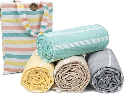 HILLFAIR Cotton Turkish Beach Towels, Quick Dry Lightweight Sand Free Peshtemal Towel for Bath Swim Yoga Pool Travel, Beach Accessories, Oversized Turkish Towel (39 x 72 inch- 4 Pack Multicolor)