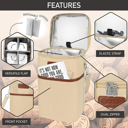 Opux 4 Bottle Insulated Wine Cooler Bag - Leakproof Padded Portable Wine Bottle Carrier for Travel Picnic BYOB Gift (Beige Cream)