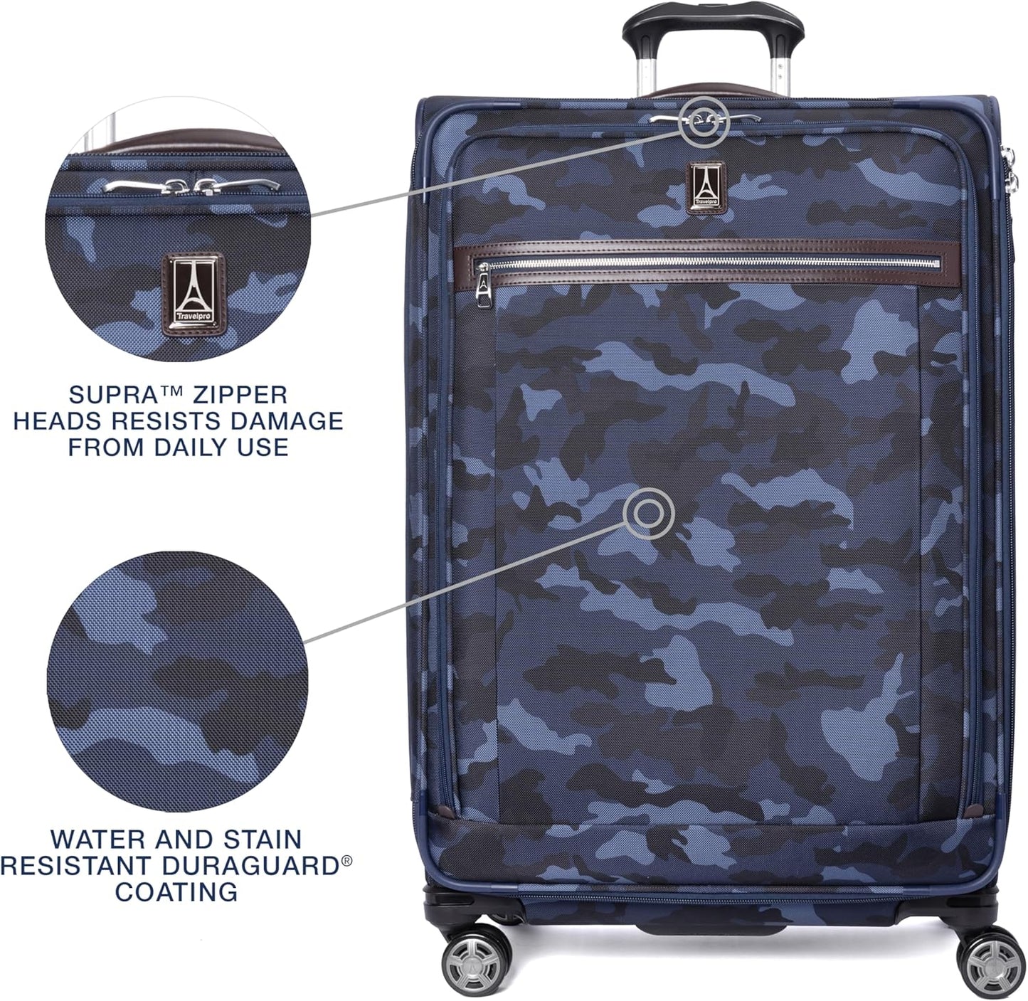 Travelpro Platinum Elite Softside Expandable Checked Luggage, 8 Wheel Spinner Large Suitcase, TSA Lock, Men and Women, Navy Camouflage, Checked Large 29-Inch