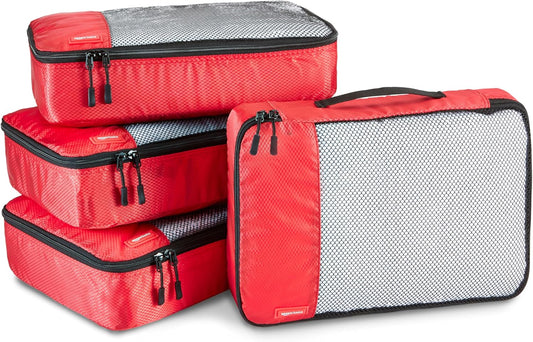 Amazon Basics Medium Packing Cubes for Travel, Packing Organizers, 4-Piece-Set With Double Zipper Pulls and Mesh Top Panel, 100% Durable Polyester, Red, 13.8"L x 9.8"W x 3"H