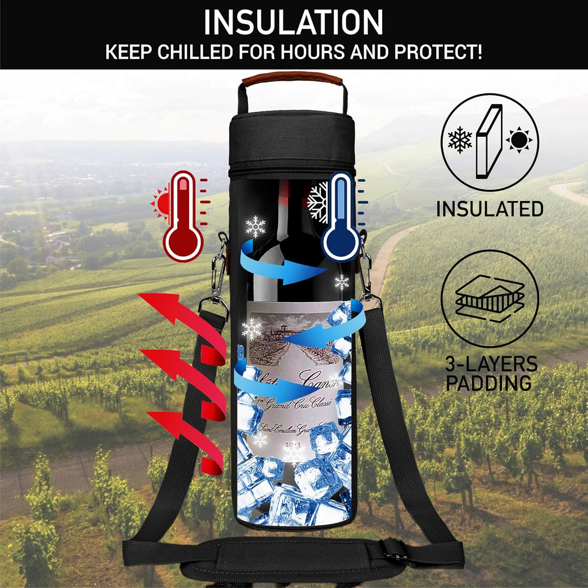 opux Wine Bag Single Bottle Carrier Tote, Insulated Wine Cooler Bag for Travel Picnic Beach with Shoulder Strap, Thermal One Bottle Holder Carrying Case Wine Gift for Women Men, Black