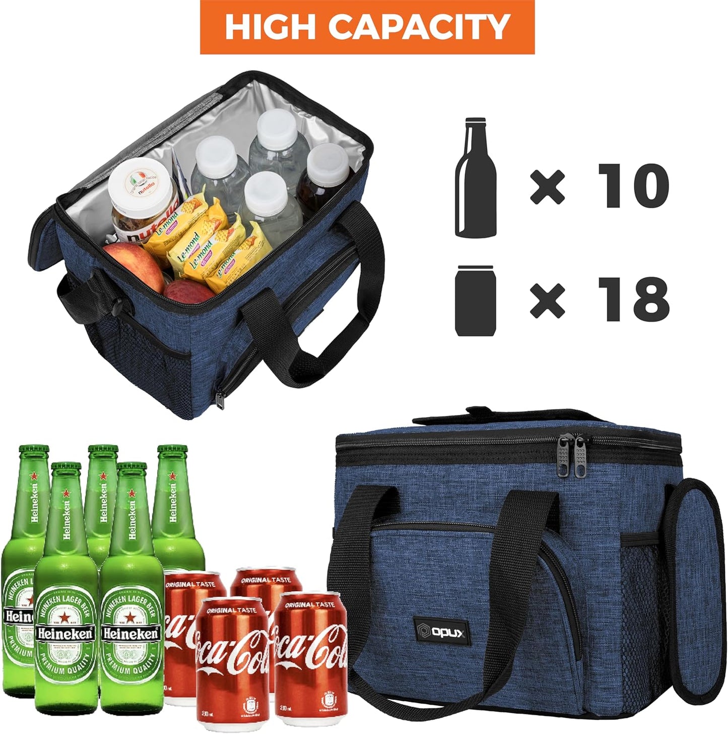 OPUX Soft Cooler Bag, Insulated Collapsible Lunch Cooler Bag for Men Work Camping Beach Travel, Portable Soft Sided Leakproof Waterproof Large Lunch Bag Box with Shoulder Strap 18 Cans, Heather Navy
