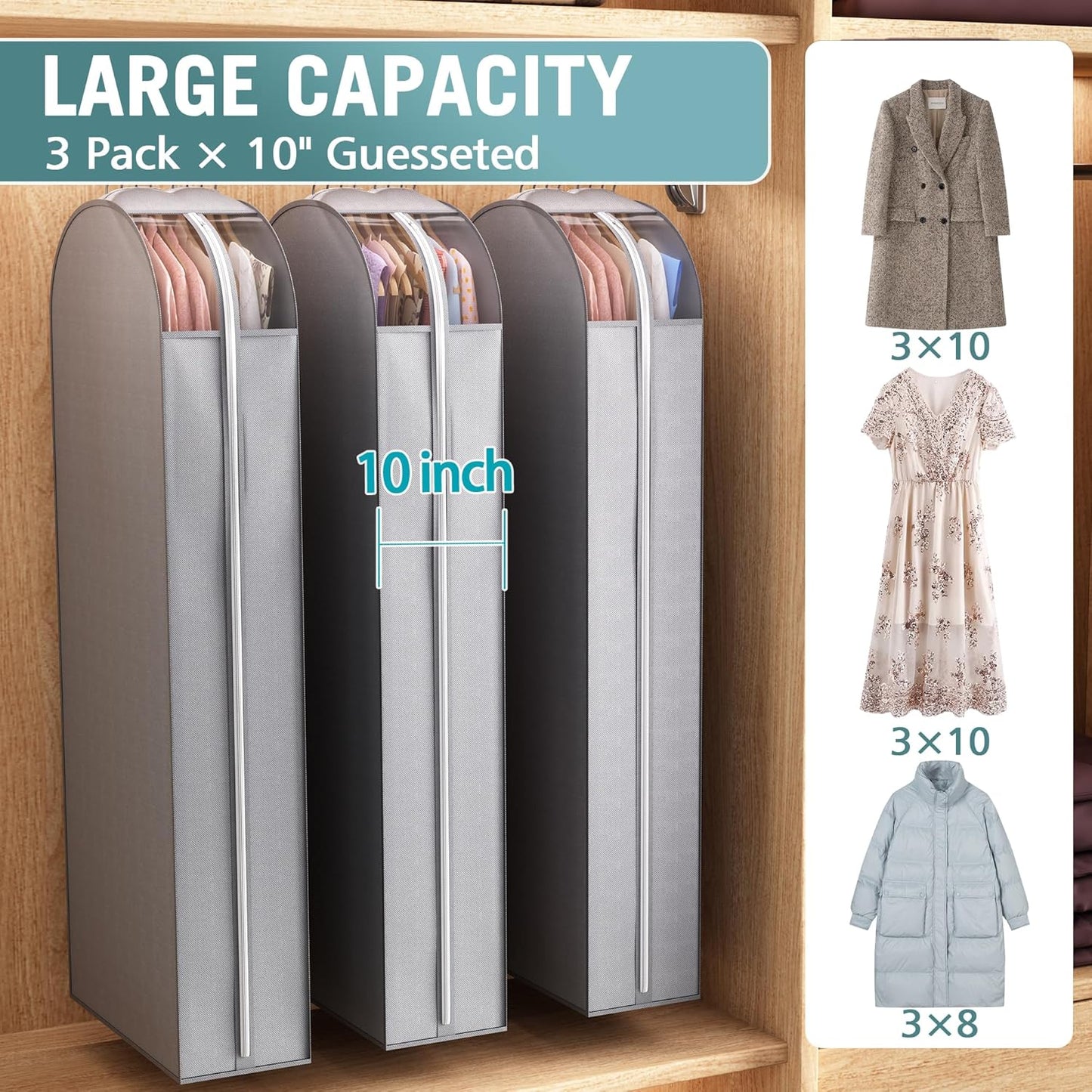 10" Gusseted Garment Bags for Hanging Clothes with clear window, 60" Suit Bags for Open Closet Storage, Clothing Cover for Coat, Dress, Jacket, Shirt, Fur Wardrobe Protector, 3 Packs