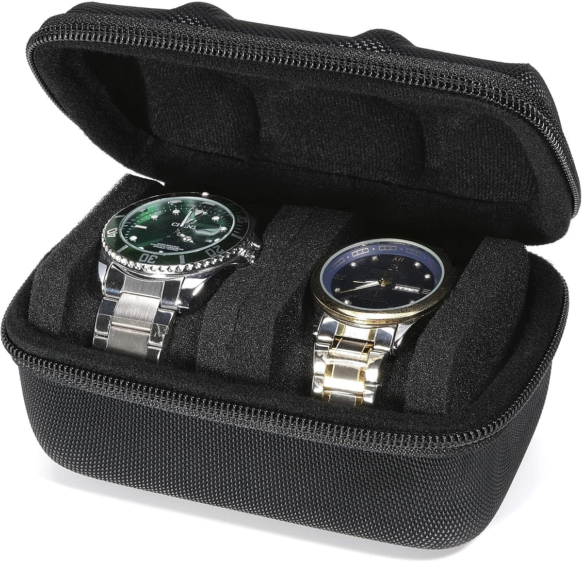 Hard Compact Watch Roll travel case, 2 Slots Portable holder and Organizer with Soft Pillow, keep watch from moving(fit up to 55 mm)