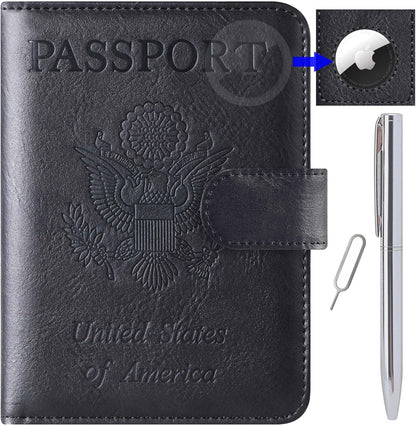 Airtag Passport Holder Cover Wallet Travel Essentials Leather RFID Blocking Case Vacation Luggage Must Haves Travel Accessories for Men Women (117#Black)