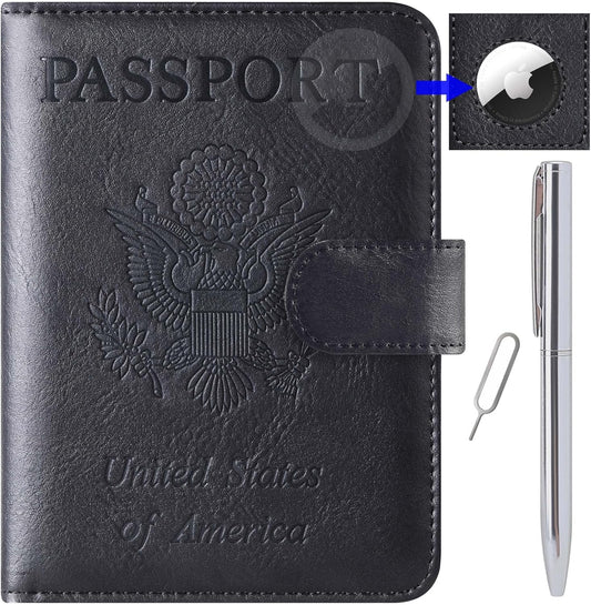 Airtag Passport Holder Cover Wallet Travel Essentials Leather RFID Blocking Case Vacation Luggage Must Haves Travel Accessories for Men Women (117#Black)
