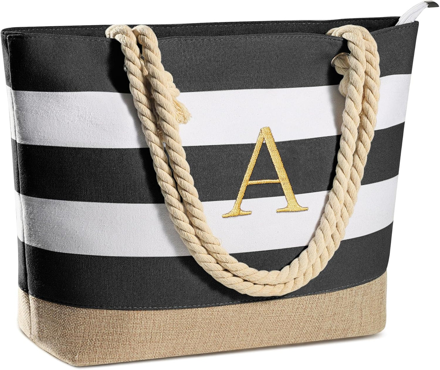 YOOLIFE Initial Canvas Waterproof Beach Tote Bag Zipper Personalized Gifts for Women Her Birthday Travel Beach Essential