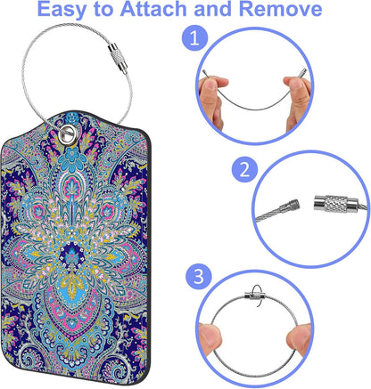 2 Pack Luggage Tags Paisley Pattern and Ethnic Style Floral PU Leather Baggage Tag with Privacy Cover Stainless Steel Loop and Name ID Card for Men Women Travel Bag Luggage Accessories