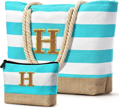 Becokan Beach Bag Initial Beach Tote with Makeup Bag for Travel Work Storage Personalized Birthday Gifts for Women Her
