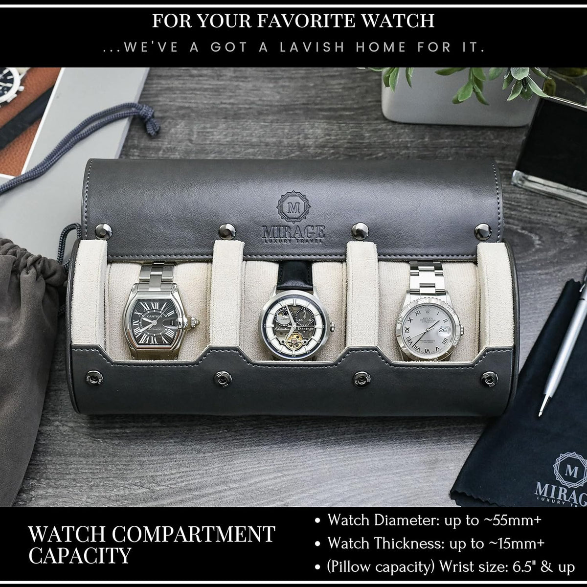 Watch Travel Case for Men - Mirage Watch Roll Storage and Display 3 slots - Slate Grey/Ivory White Interior Vegan Leather