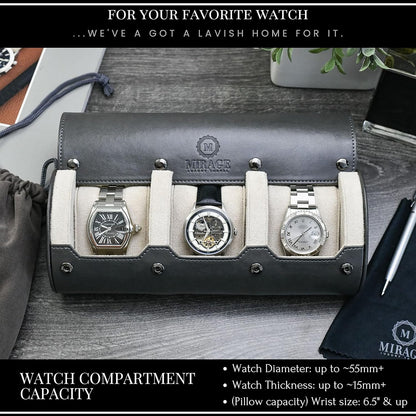 Watch Travel Case for Men - Mirage Watch Roll Storage and Display 3 slots - Slate Grey/Ivory White Interior Vegan Leather