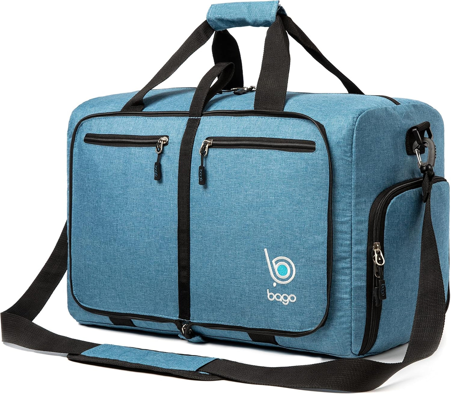 Bago Foldable Duffel Bags for Traveling Women & Men - 40L Sports Packable Duffle Bag for Travel with Shoe Compartment - Water Repellant, Heavy Duty, Lightweight Folding & Collapsible (SnowBlue)
